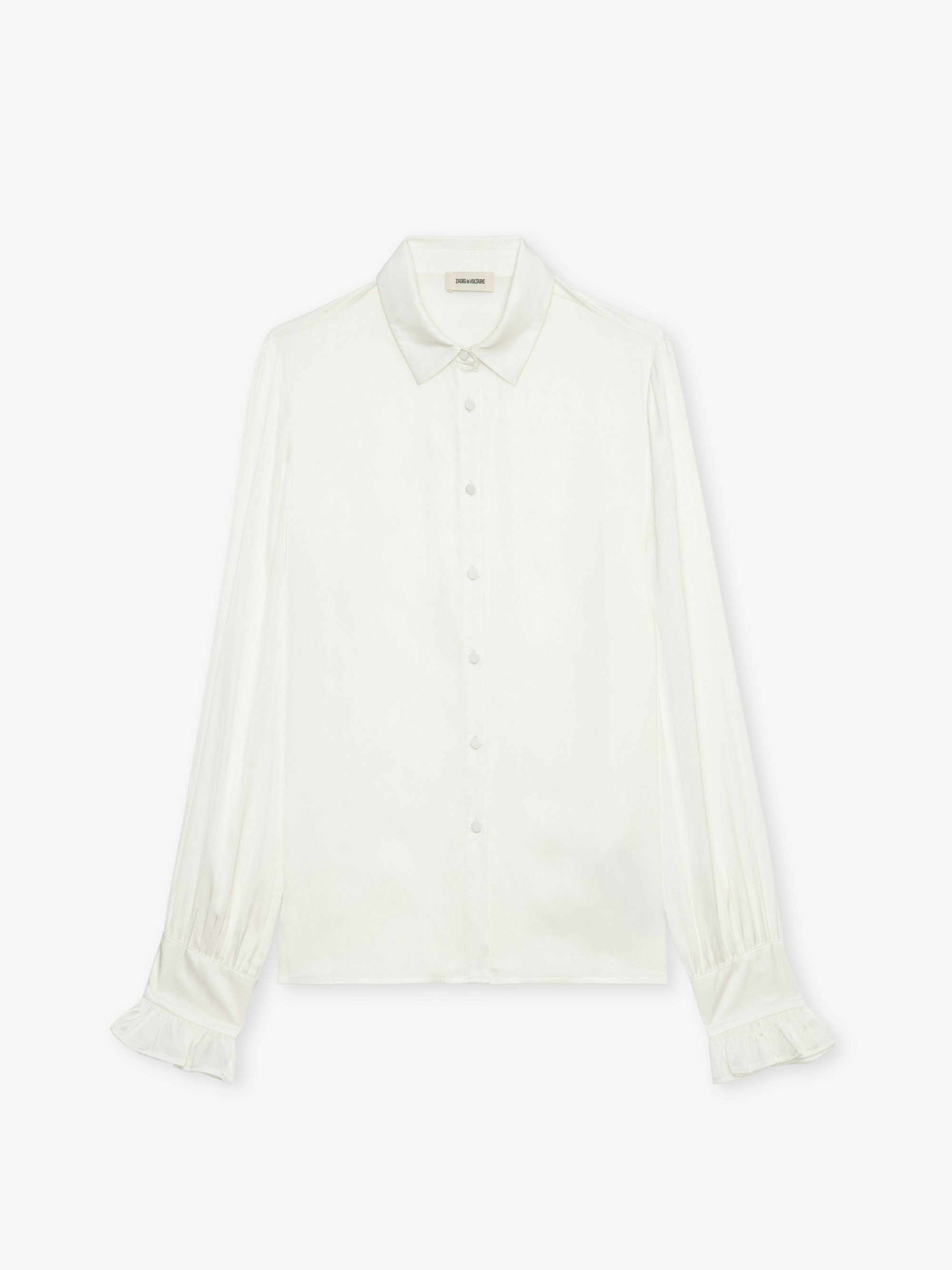 Thely Satin Shirt - Ecru Japanese satin long-sleeve shirt with gathered cuffs and fishnet wings embroidery on the back.